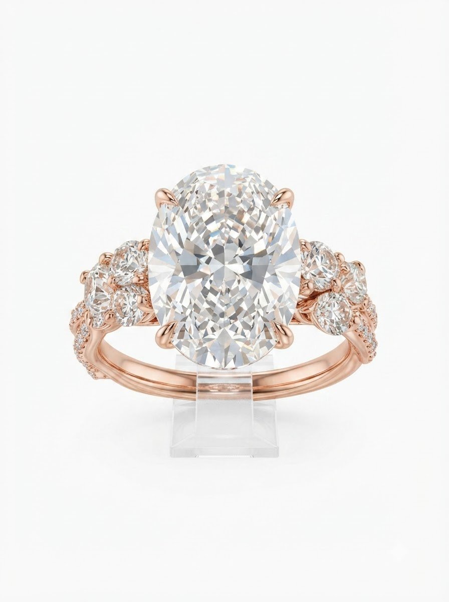 Rose gold diamond ring with a large oval-cut diamond and side gemstones