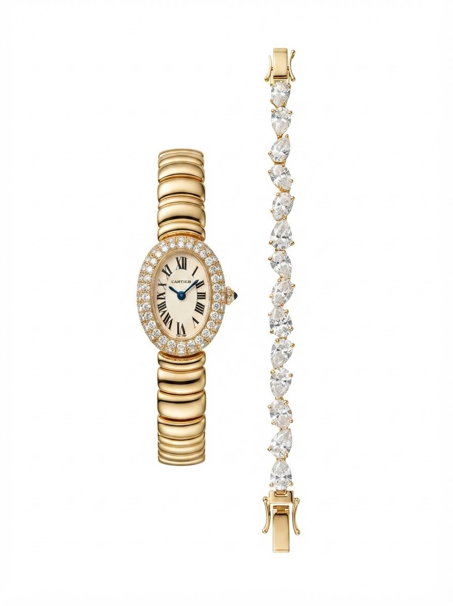 Gold luxury watch with diamond bezel and pear-shaped diamond bracelet
