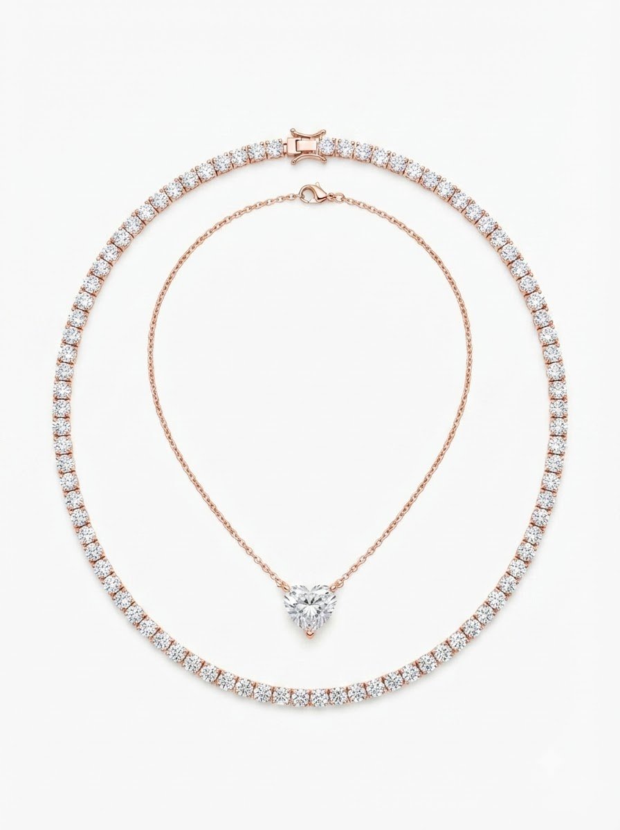 Gold diamond necklace with a heart-shaped diamond pendant