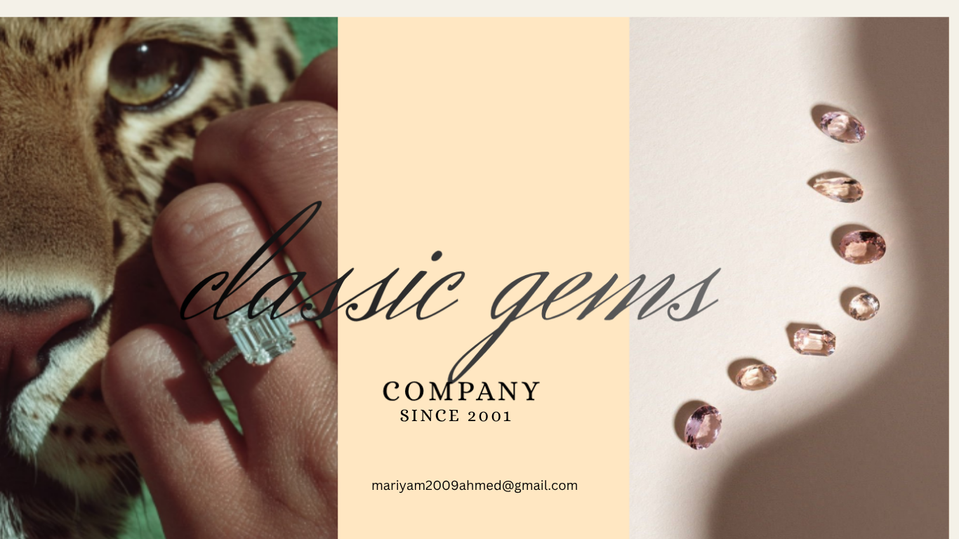 Classic Gems jewellery company banner featuring a luxury emerald-cut diamond ring, elegant pink gemstones and the brand name Classic Gems Since 2001.