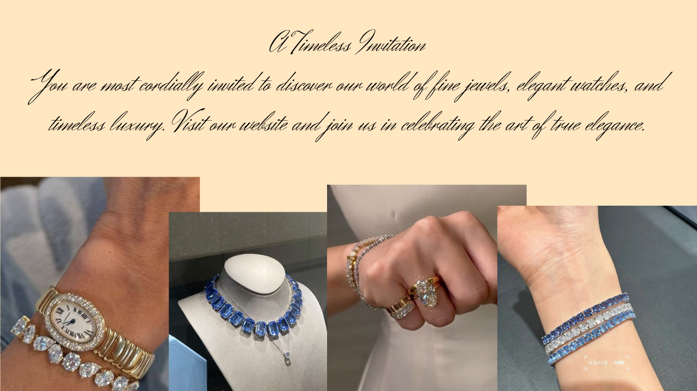 Luxury jewellery collection featuring a diamond gold watch, blue sapphire necklace, elegant gemstone rings and blue sapphire diamond bracelets.