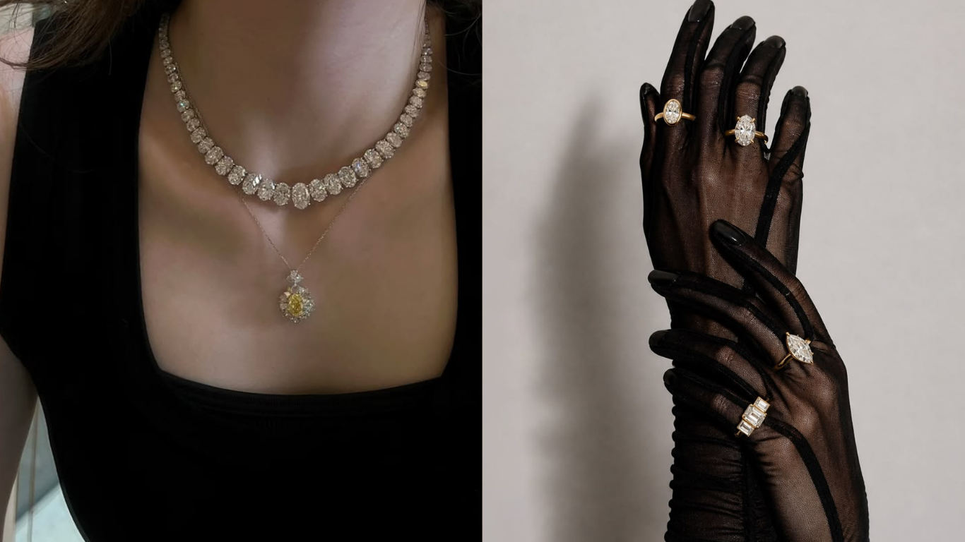 Luxury diamond jewellery collection featuring a diamond necklace, yellow gemstone pendant and elegant gold diamond rings.