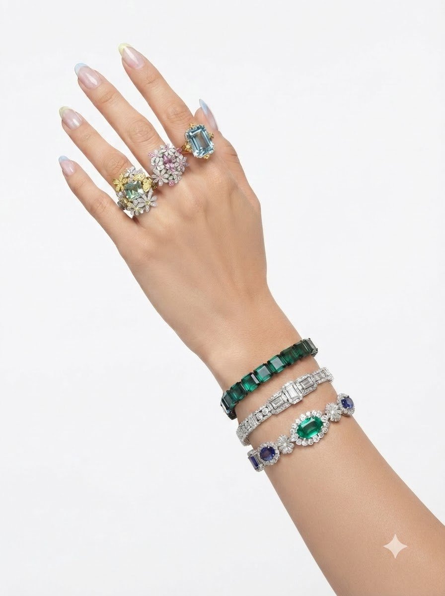 Colorful gemstone rings and diamond bracelets on hand