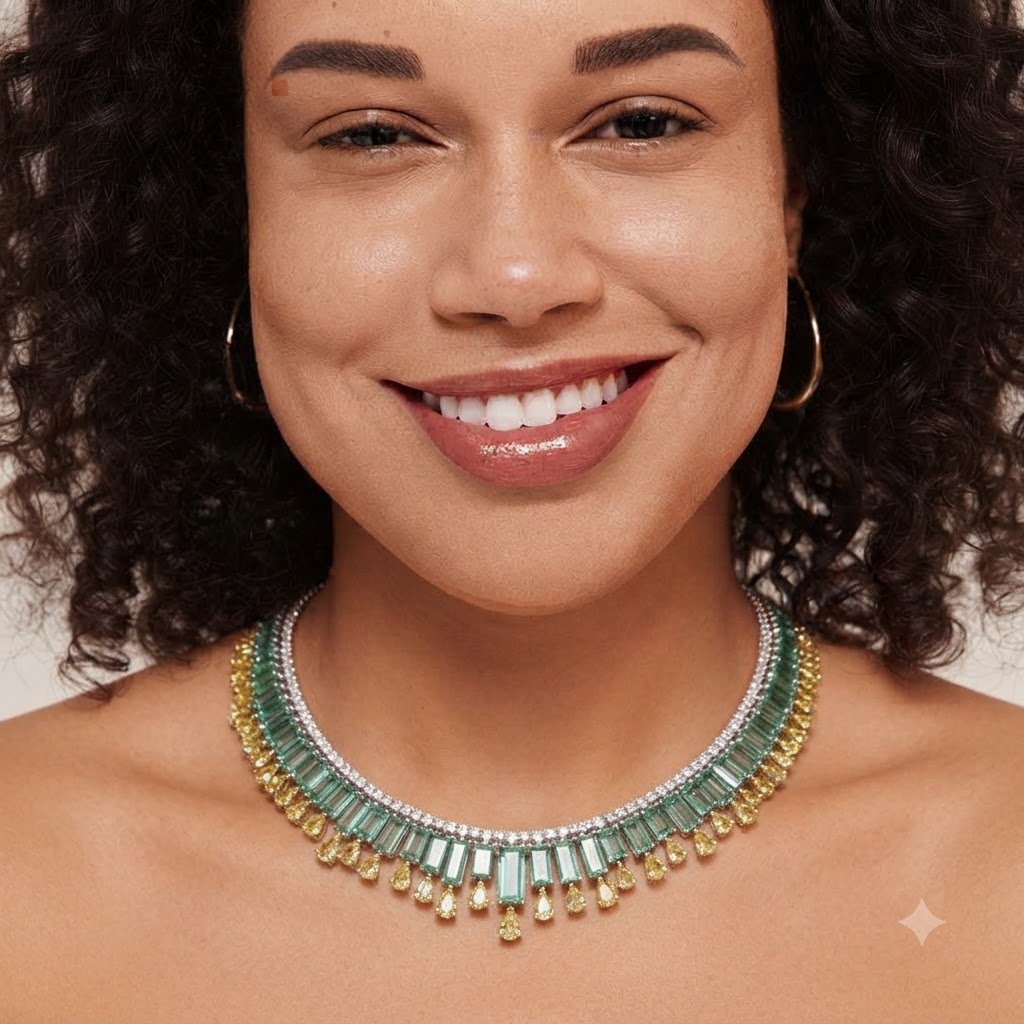 Green and blue gemstone statement necklace worn by a woman